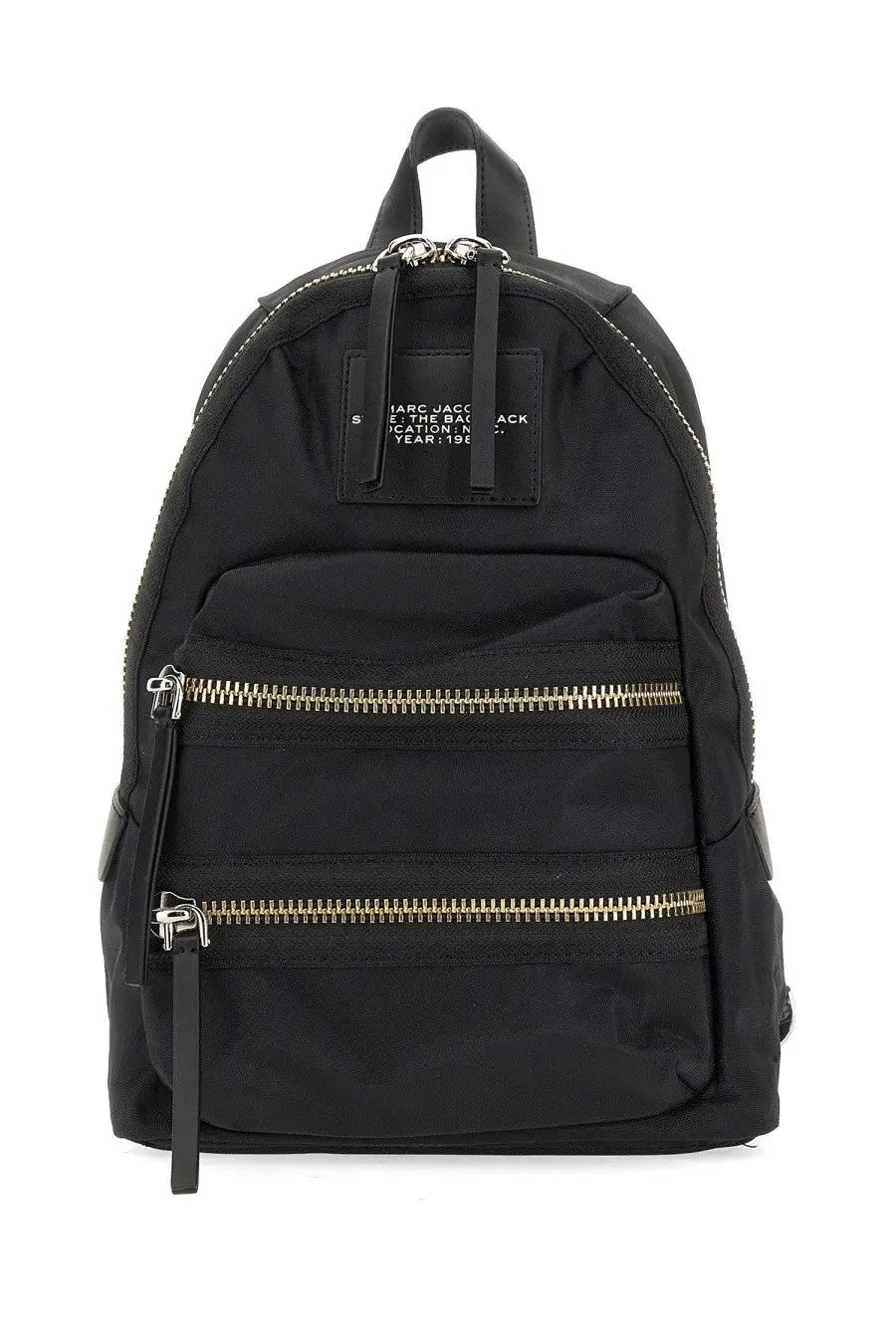 Marc Jacobs women’s biker medium backpack in black leather with gold-tone zippers and a front patch label