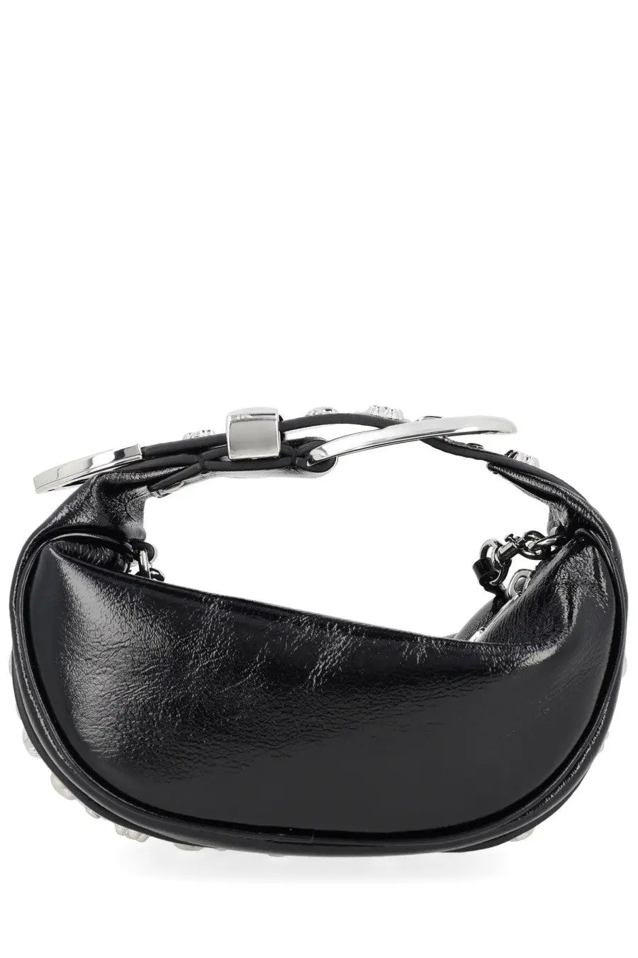 Marc Jacobs women’s black leather crescent-shaped handbag with silver metal hardware and chain accents for parties