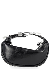 Marc Jacobs women’s black leather crescent-shaped handbag with silver metal hardware and chain accents for parties