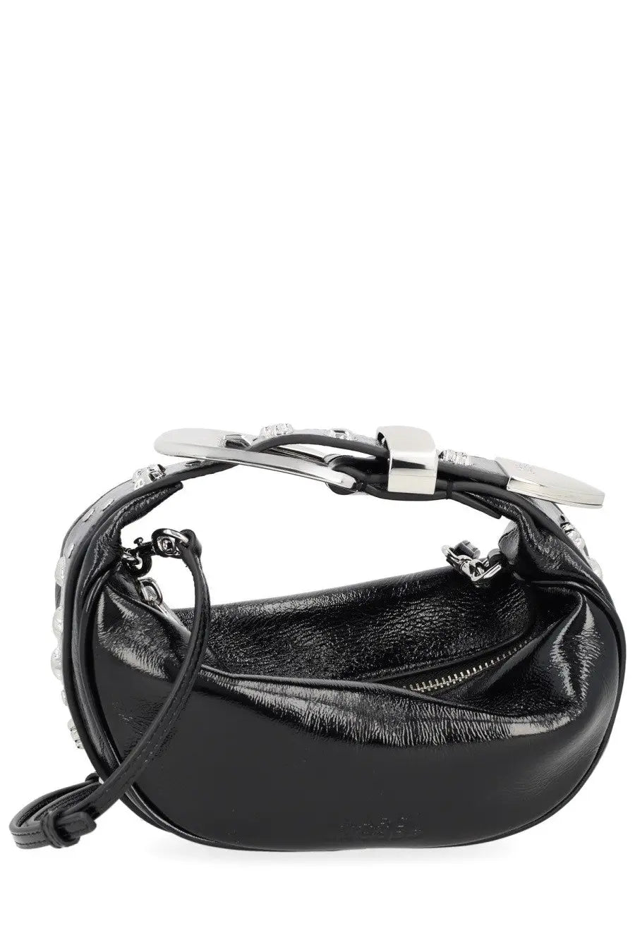 Marc Jacobs women’s bag party black crescent-shaped crossbody in black patent leather with silver buckle and chain strap