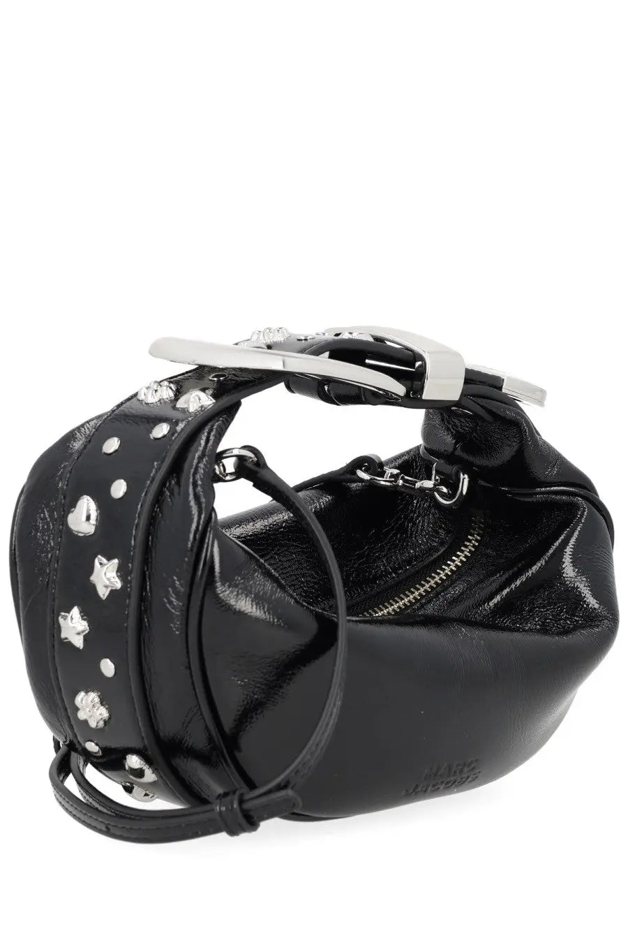 Marc Jacobs women’s party black patent leather hobo bag with silver star and heart studs and chain detailing