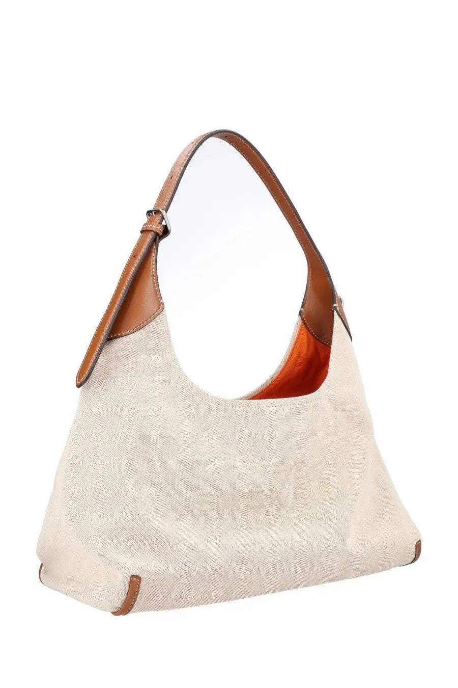 Marc Jacobs women’s borsa belted beige beige canvas hobo bag with tan leather straps and orange interior lining