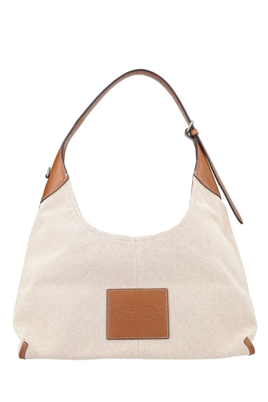 Beige canvas marc jacobs women’s borsa belted hobo bag with tan leather trim and matching brand patch