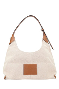 Beige canvas marc jacobs women’s borsa belted hobo bag with tan leather trim and matching brand patch