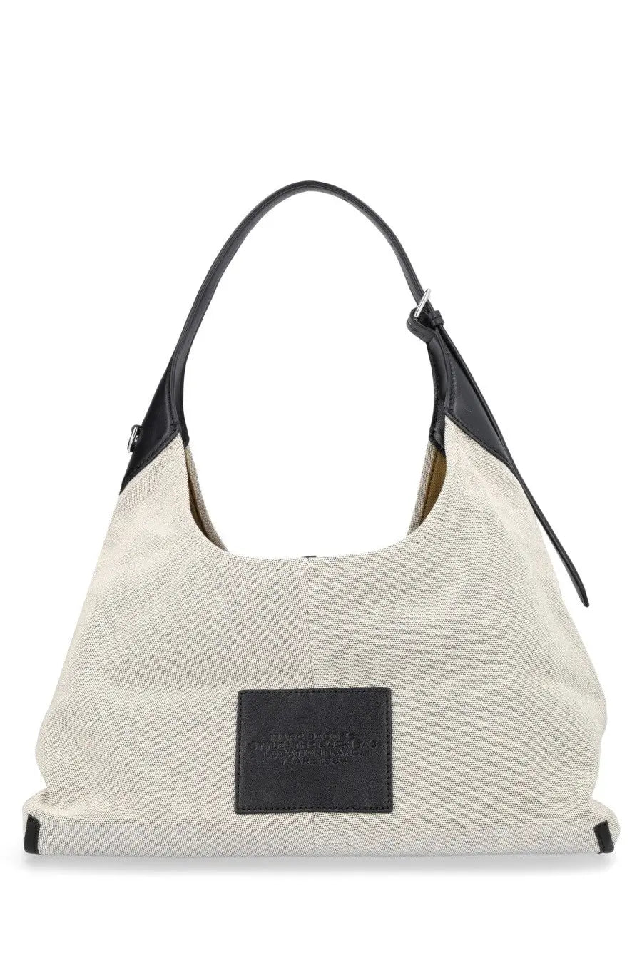 Beige canvas marc jacobs womens borsa the belted sack white hobo bag with black leather trim and branded front patch