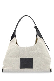 Beige canvas marc jacobs womens borsa the belted sack white hobo bag with black leather trim and branded front patch