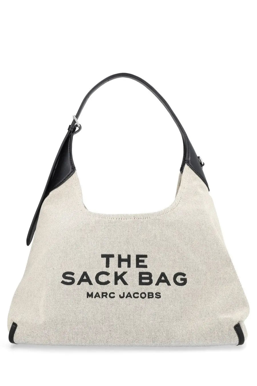 Beige canvas shoulder bag with black leather trim and the sack bag Marc Jacobs print in bold black letters