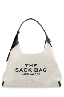 Beige canvas shoulder bag with black leather trim and the sack bag Marc Jacobs print in bold black letters
