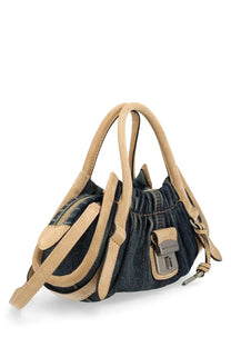 Marc Jacobs women’s borsa cristina small blue denim handbag with beige leather handles and silver-tone clasp