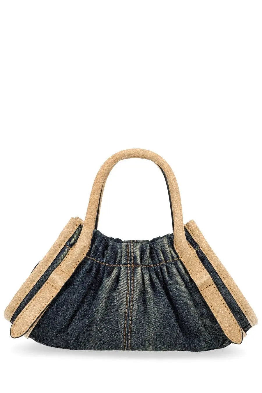 Marc Jacobs womens borsa cristina small blue denim and tan leather mini handbag with gathered ruched body