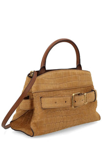 Marc Jacobs women’s borsa dakota small beige tan suede handbag with crocodile texture and brown leather handles