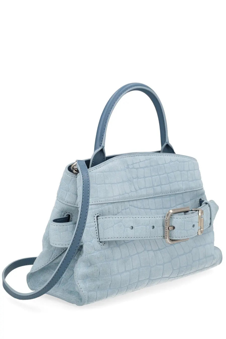 Marc Jacobs women’s borsa dakota small blue light blue crocodile-embossed leather handbag with silver buckle and handles