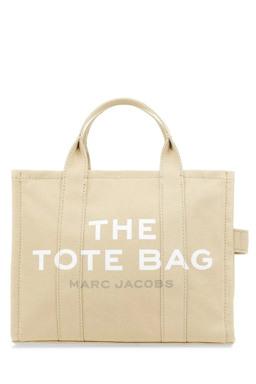 Beige canvas marc jacobs women’s borsa the medium tote bag with white the tote bag lettering and small side tab