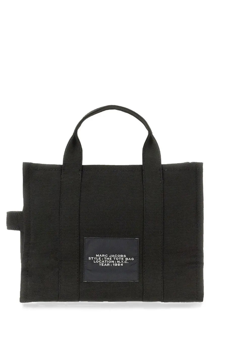Black canvas marc jacobs women’s borsa the medium tote with a white text rectangular label patch