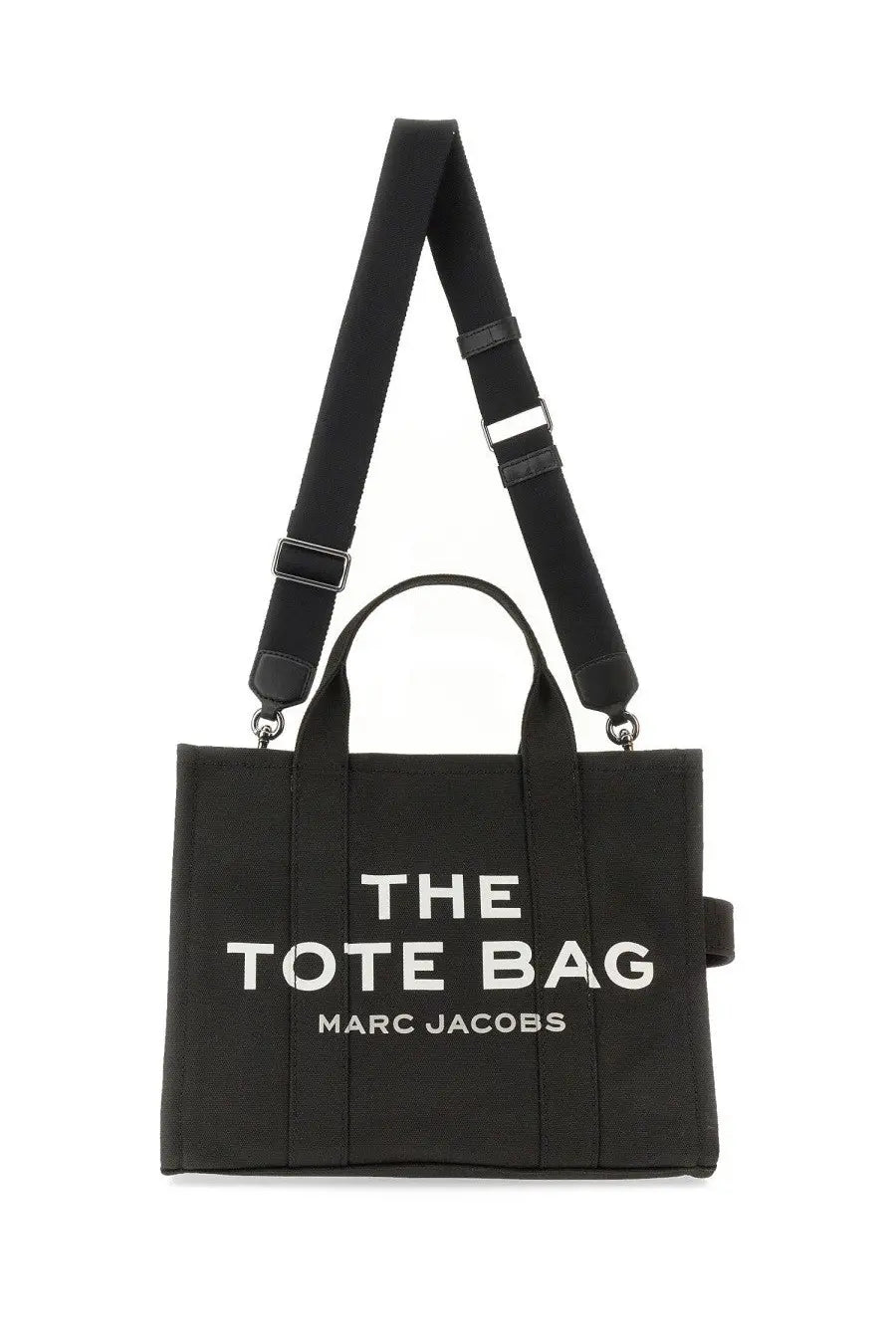 Marc Jacobs women’s borsa medium black canvas tote bag with white lettering and black adjustable strap