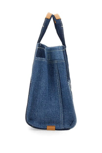 Marc Jacobs women’s borsa the medium tote denim blue with contrasting tan leather handles and bottom tab