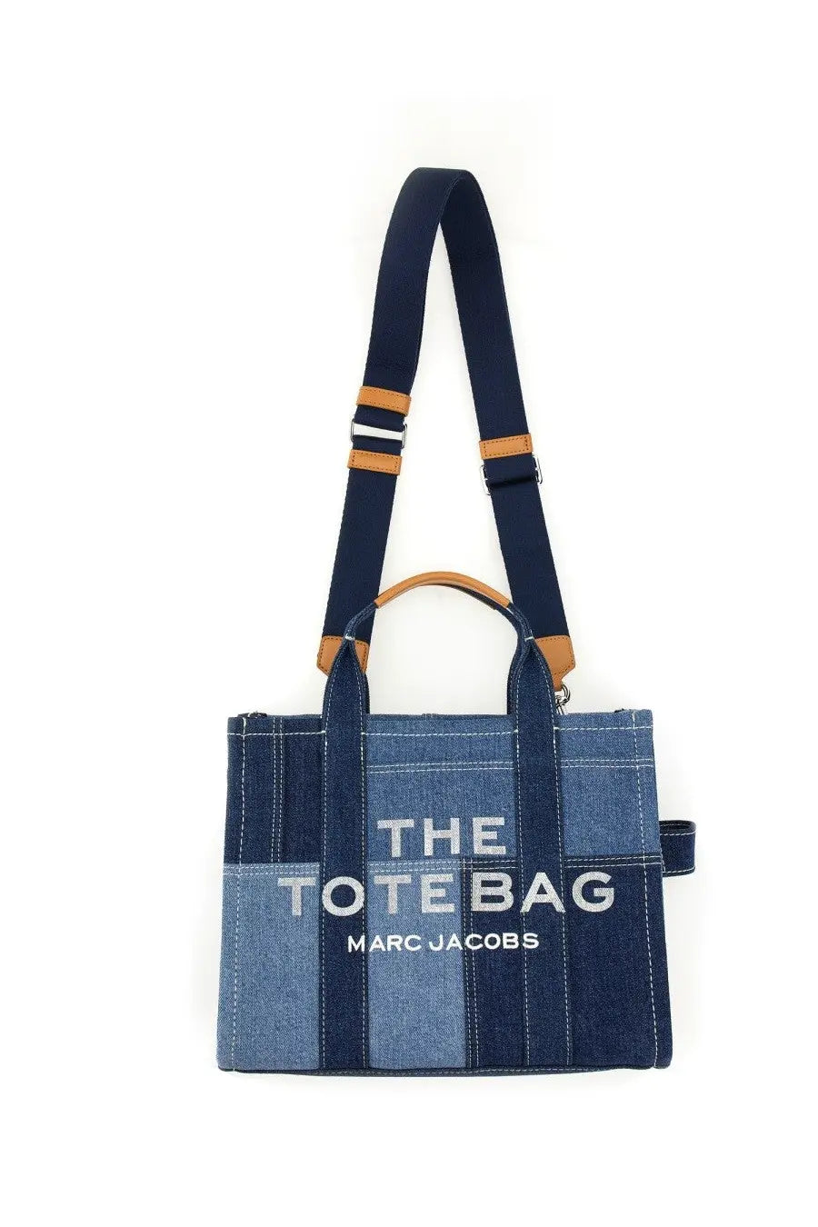 Marc Jacobs women’s borsa the medium tote denim blue with denim patchwork, navy straps, and tan leather handles