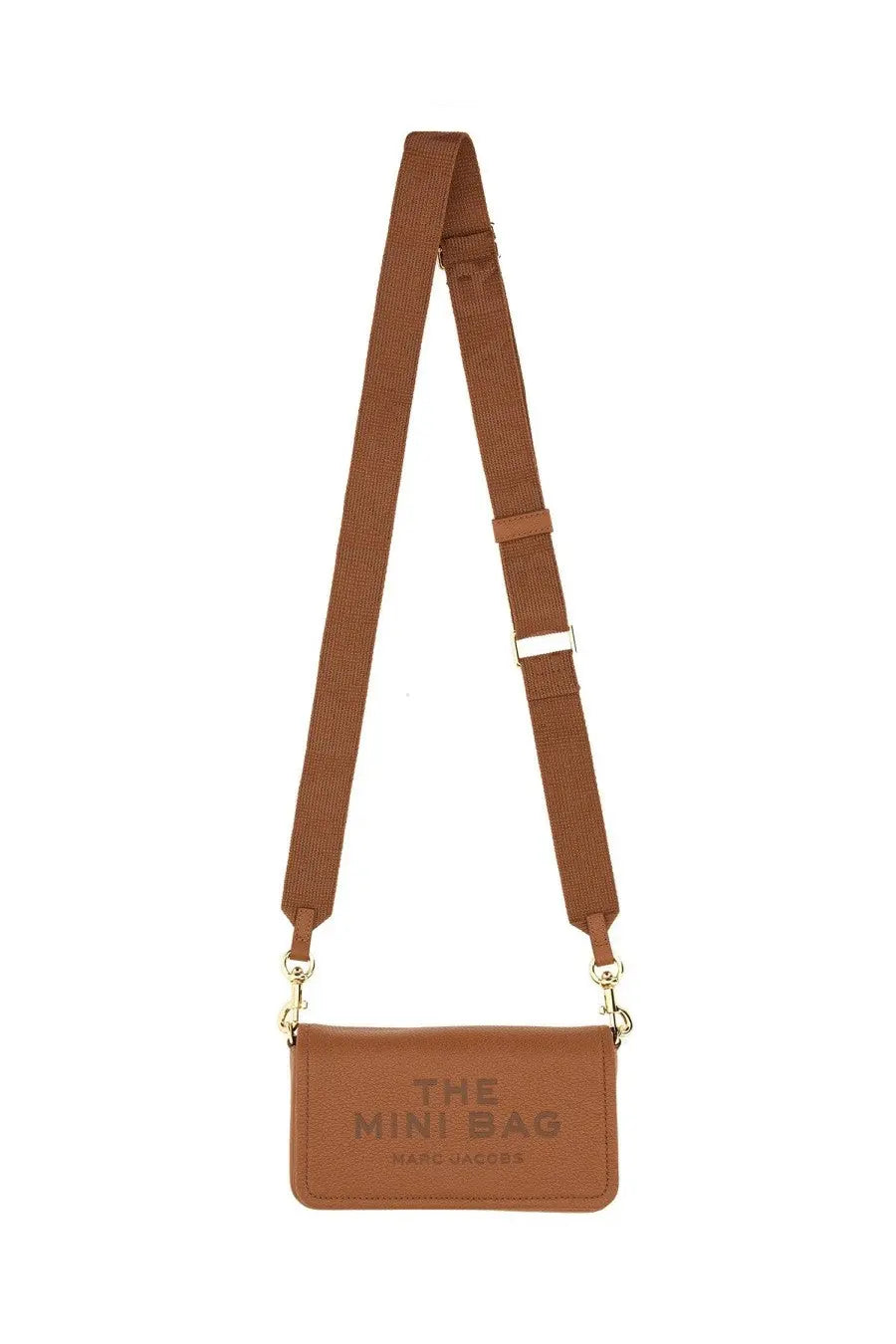 Marc Jacobs women’s beige brown leather crossbody bag with the mini bag embossed in gold and adjustable strap