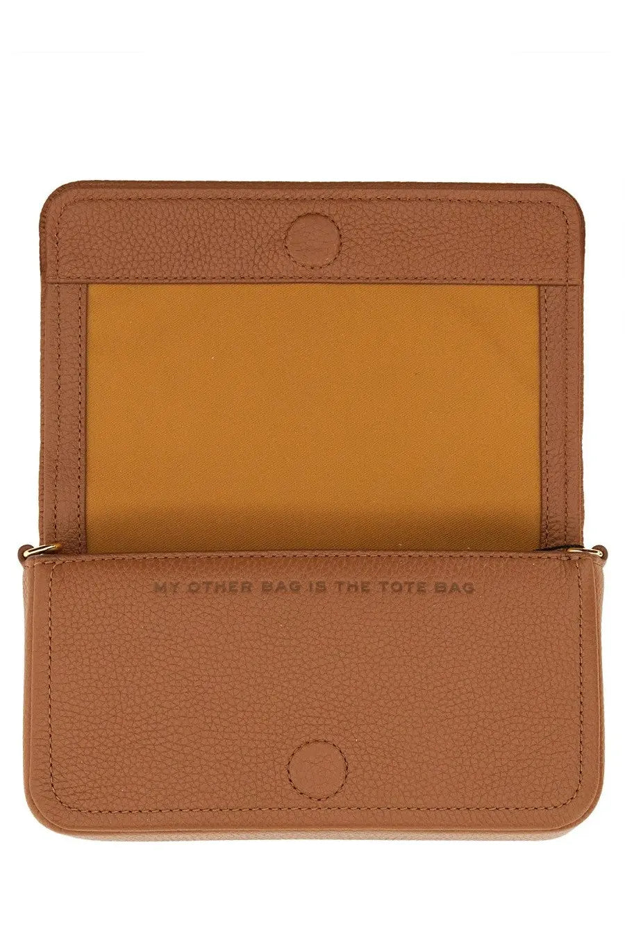 Marc Jacobs women’s borsa the mini bag beige tan leather crossbody wallet with mustard yellow interior and embossed phrase