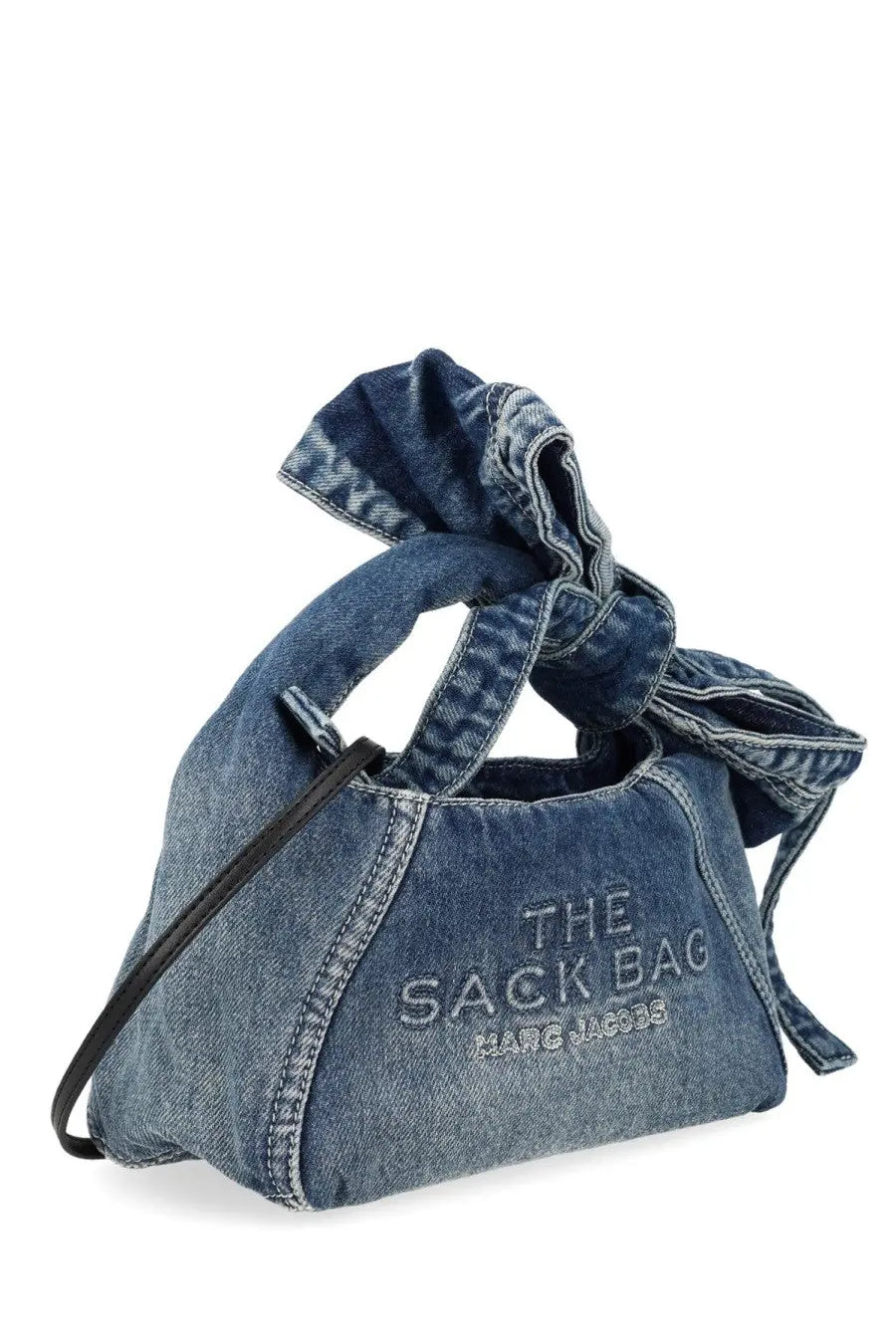 Denim blue marc jacobs women’s mini sack bag with tied bow handle and black strap in denim blue material