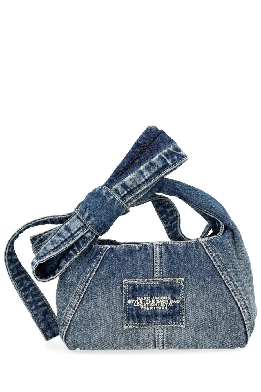 Marc Jacobs women’s denim shoulder bag in blue with a prominent bow handle and branded front patch