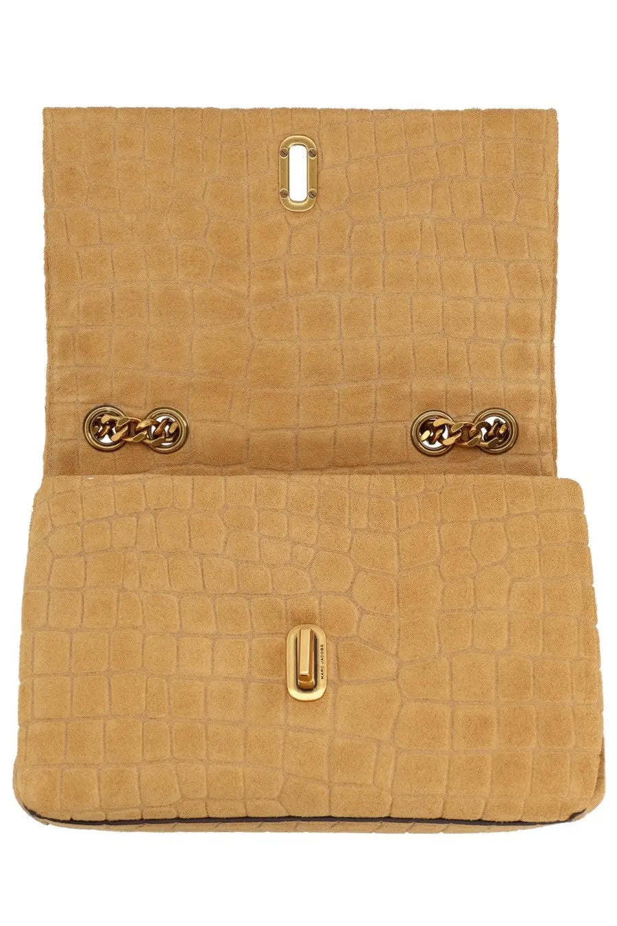 Marc Jacobs women’s borsa slim dual beige tan crocodile-embossed suede clutch with gold-tone chain-link hardware and clasp