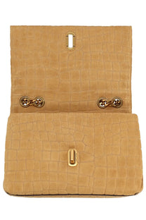 Marc Jacobs women’s borsa slim dual beige tan crocodile-embossed suede clutch with gold-tone chain-link hardware and clasp