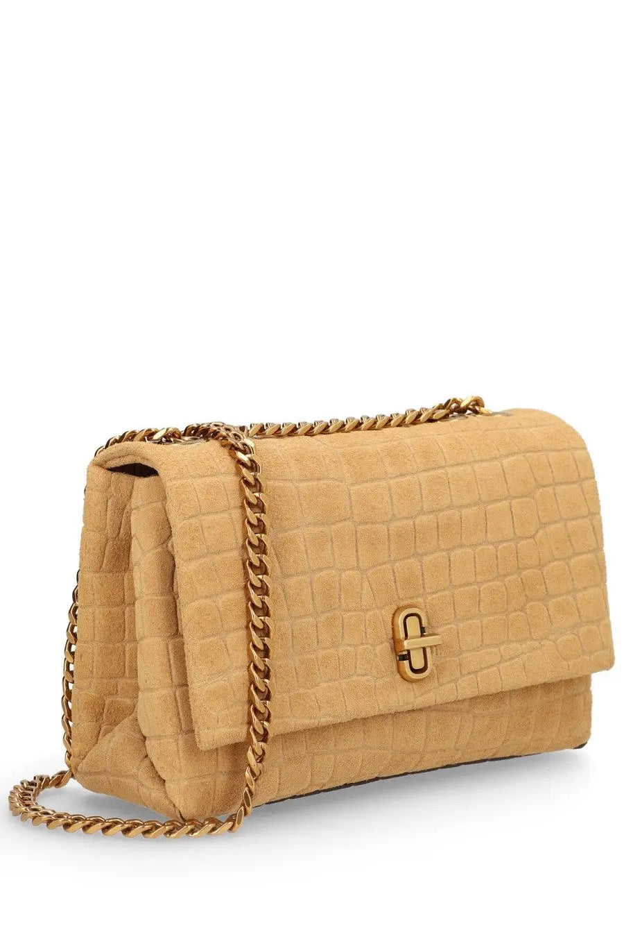 Tan crocodile embossed suede Marc Jacobs womens borsa slim dual beige handbag with gold tone chain strap and clasp