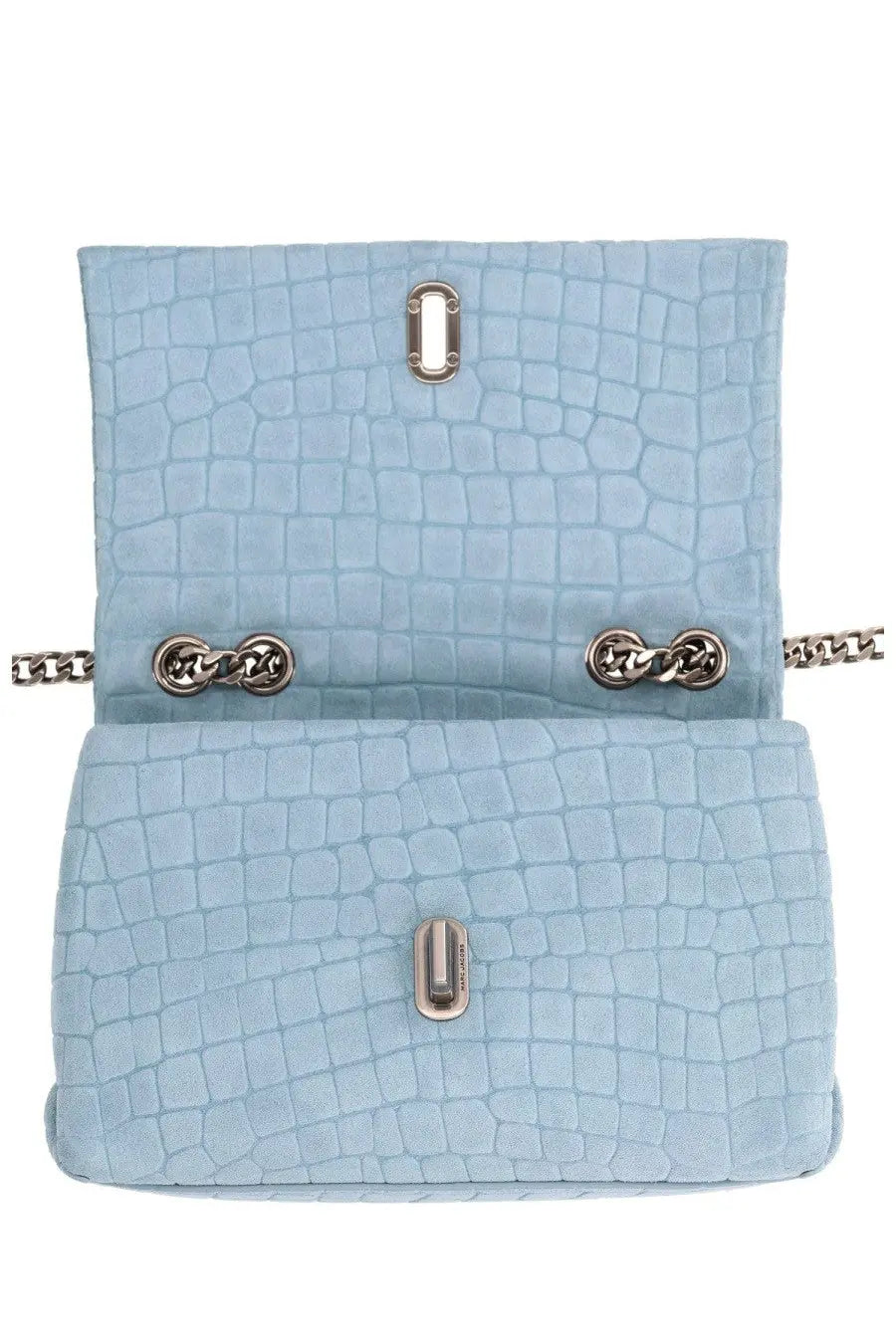 Marc Jacobs women’s borsa slim dual small blue clutch in light blue crocodile-embossed suede with silver chain hardware