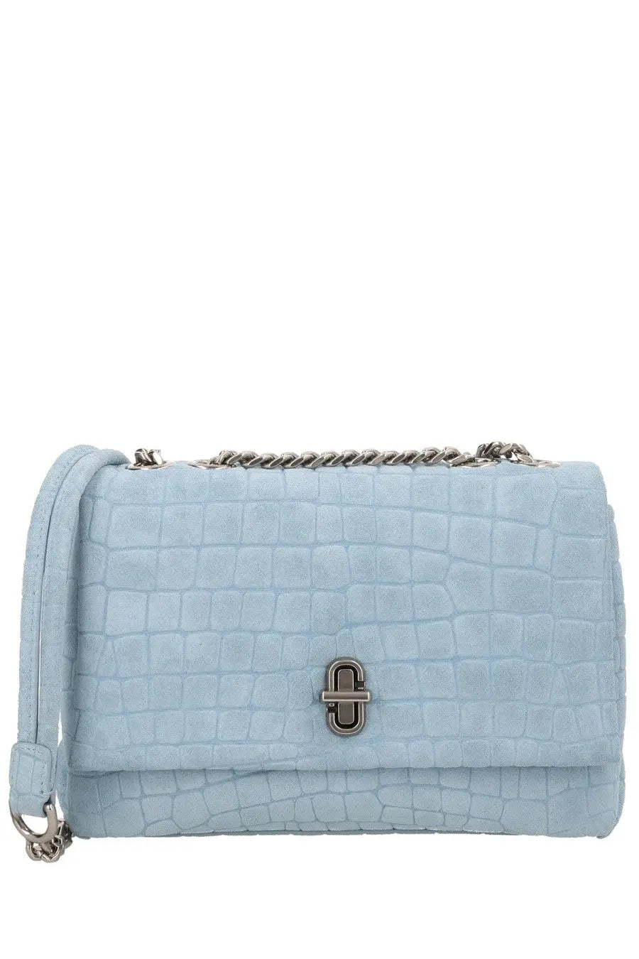 Marc Jacobs women’s borsa slim dual small blue light blue crocodile-embossed suede crossbody bag with silver chain and clasp