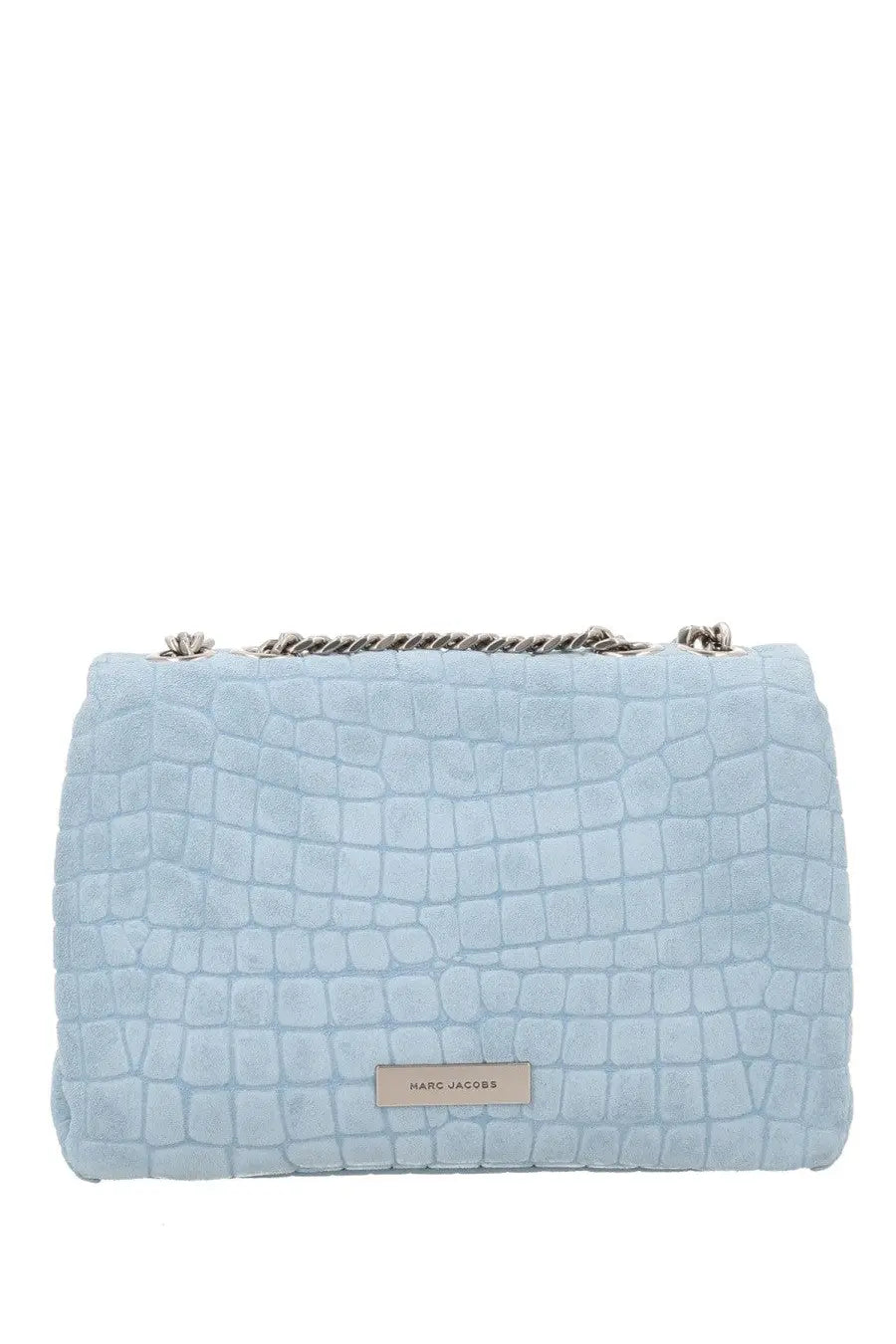 Marc Jacobs women’s borsa slim dual small blue light blue crocodile-embossed suede handbag with silver chain strap and logo plaque