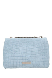 Marc Jacobs women’s borsa slim dual small blue light blue crocodile-embossed suede handbag with silver chain strap and logo plaque