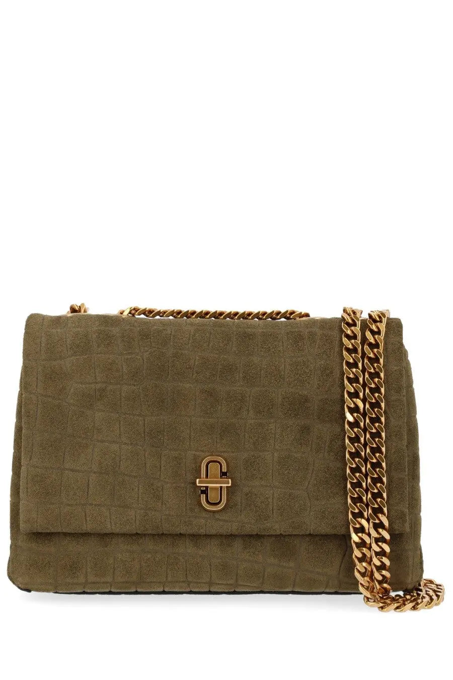 Marc Jacobs women’s borsa slim dual small green olive suede handbag with crocodile embossing and gold chain strap