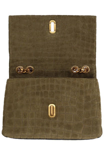 Marc Jacobs women’s borsa slim dual small olive green crocodile-embossed suede clutch with gold chain and clasp hardware