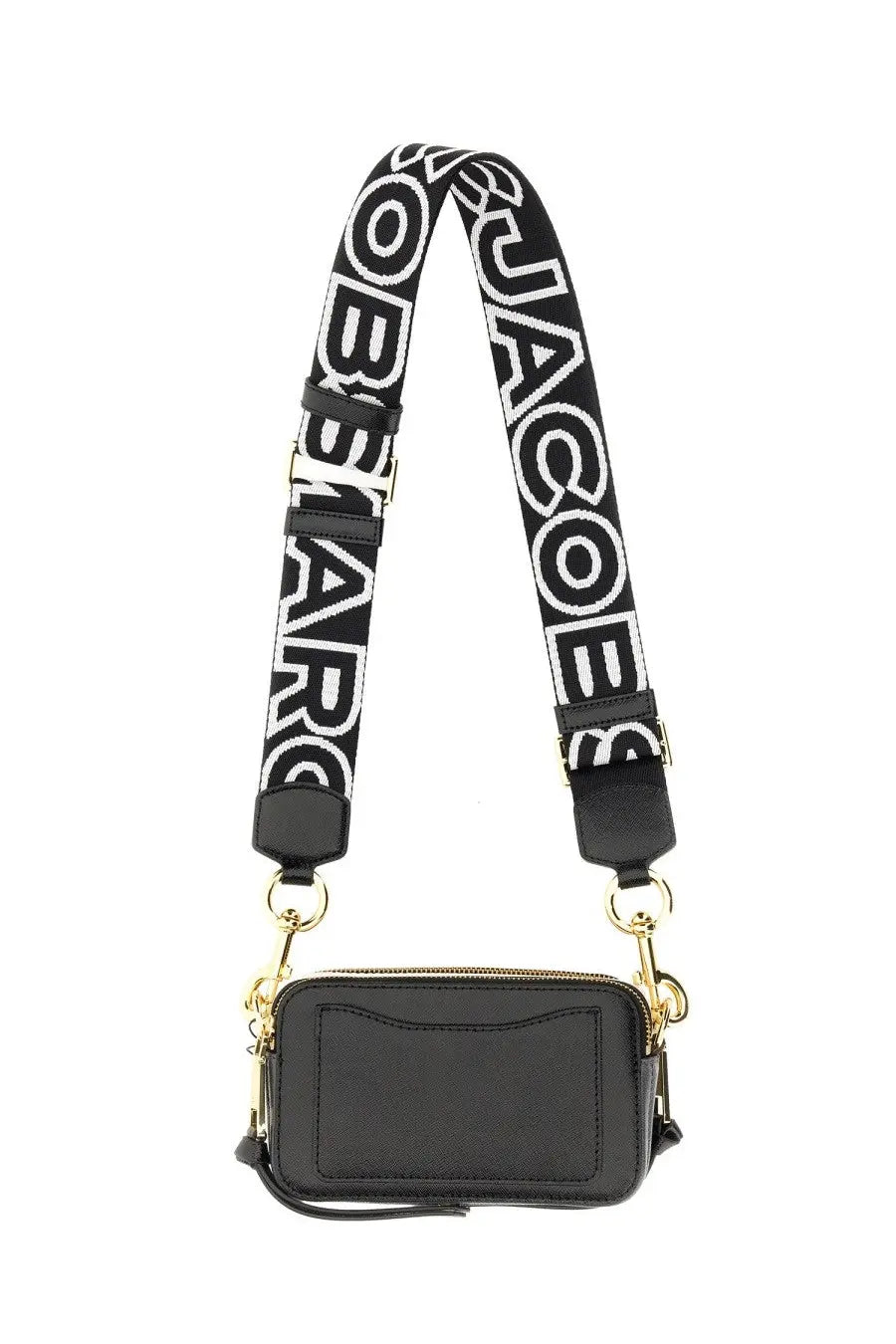 Marc Jacobs women’s borsa the snapshot black leather camera bag with bold black and white marc jacobs printed strap