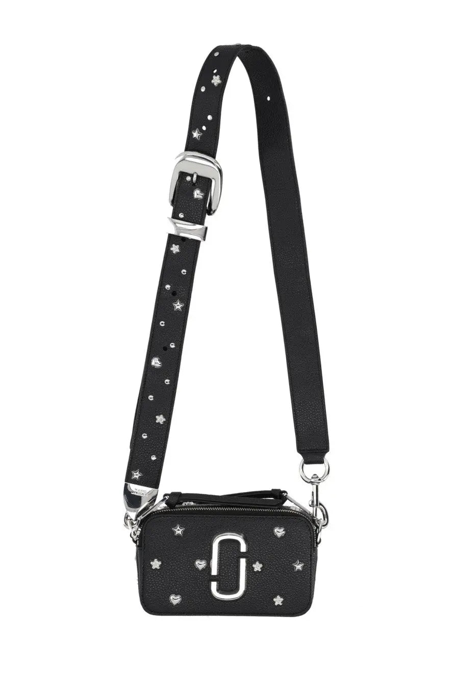 Marc Jacobs women’s borsa the snapshot black leather camera bag with silver star and heart embellishments and metallic logo