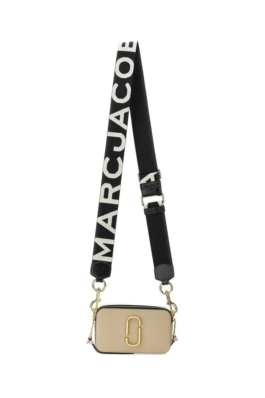 Beige marc jacobs snapshot camera bag with black strap bold white lettering and gold tone hardware for women