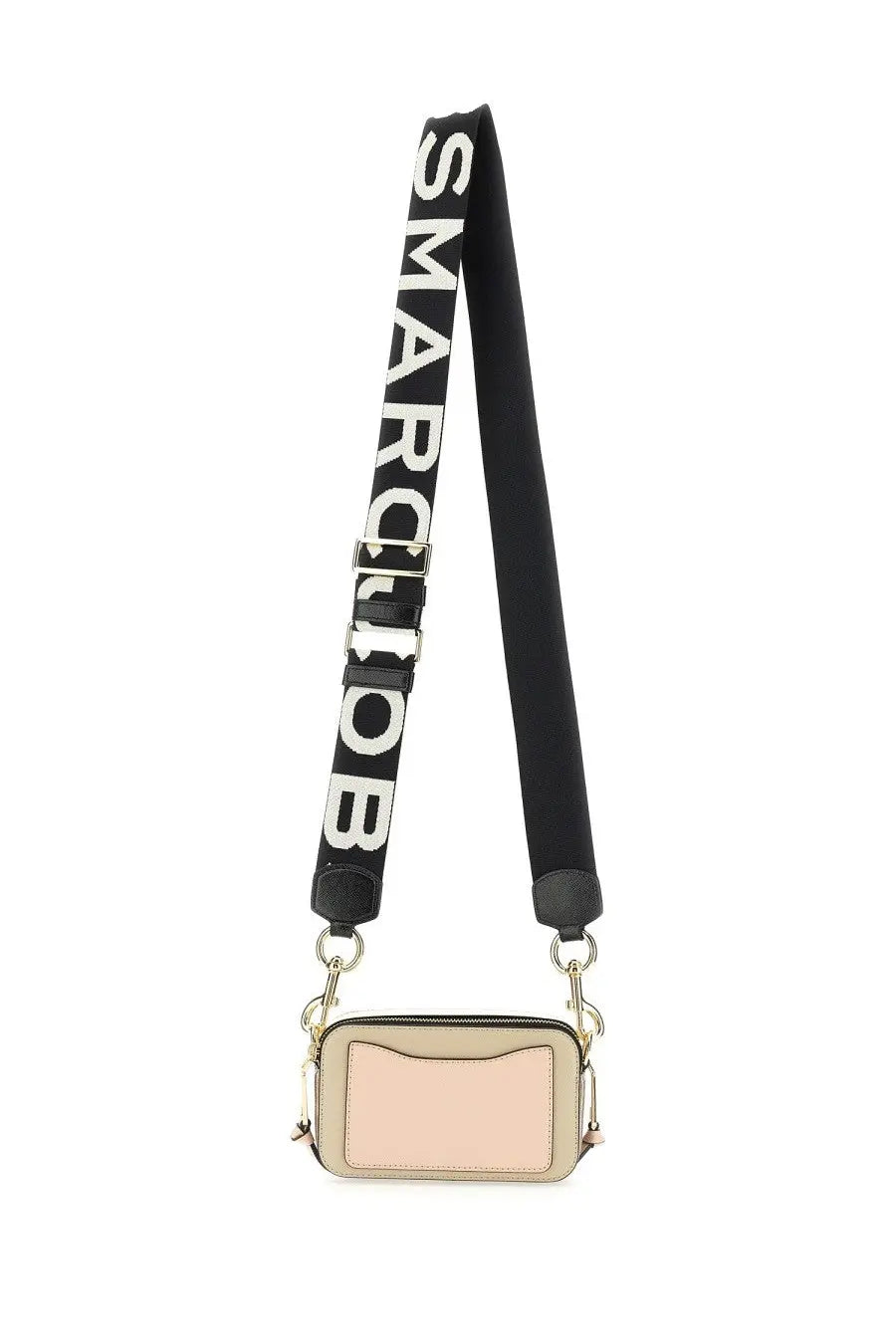 Beige rectangular Marc Jacobs women’s Borsa the Snapshot Brown camera bag with black strap and bold white smarc job lettering