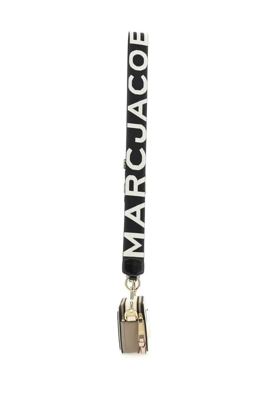 Marc Jacobs women’s borsa the snapshot brown taupe leather camera bag with black and white branded strap