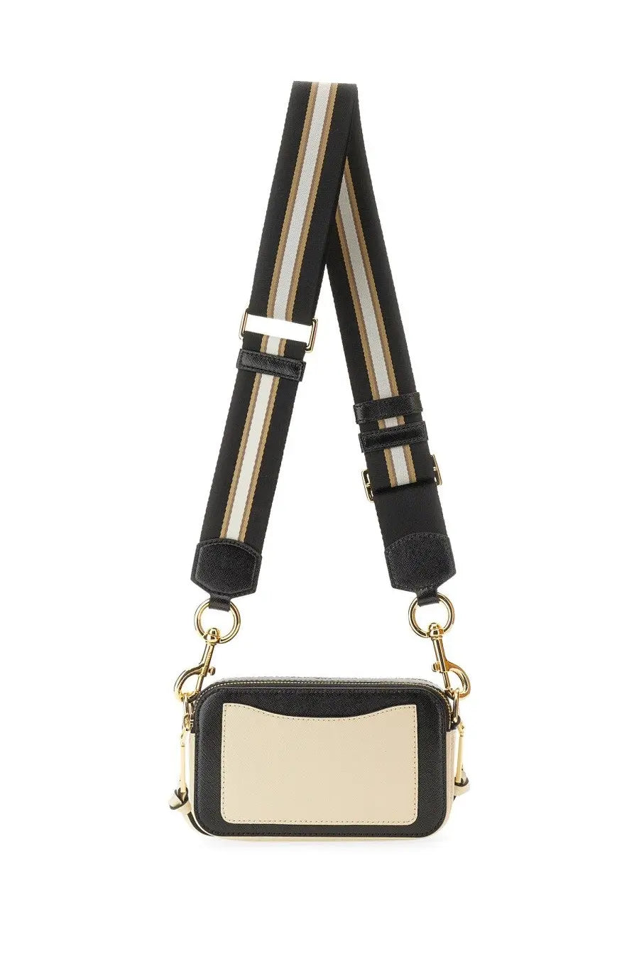 Marc Jacobs women’s Borsa the Snapshot white camera bag in black and cream with a striped shoulder strap