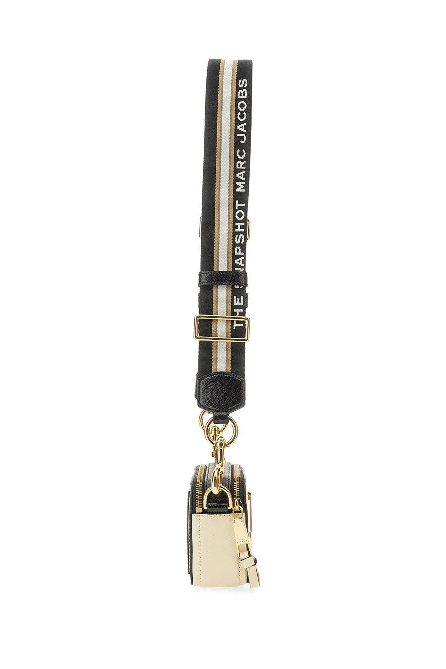 Marc Jacobs women’s borsa the snapshot camera bag in cream and black leather with gold hardware and striped logo strap