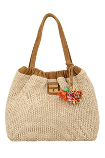 Marc Jacobs women’s borsa tote cristina beige woven straw bag with tan suede handles and gold-tone lock with fabric flowers