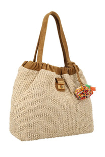 Marc Jacobs women’s borsa tote cristina beige beige woven straw bag with tan suede handles and colorful pom-pom charm