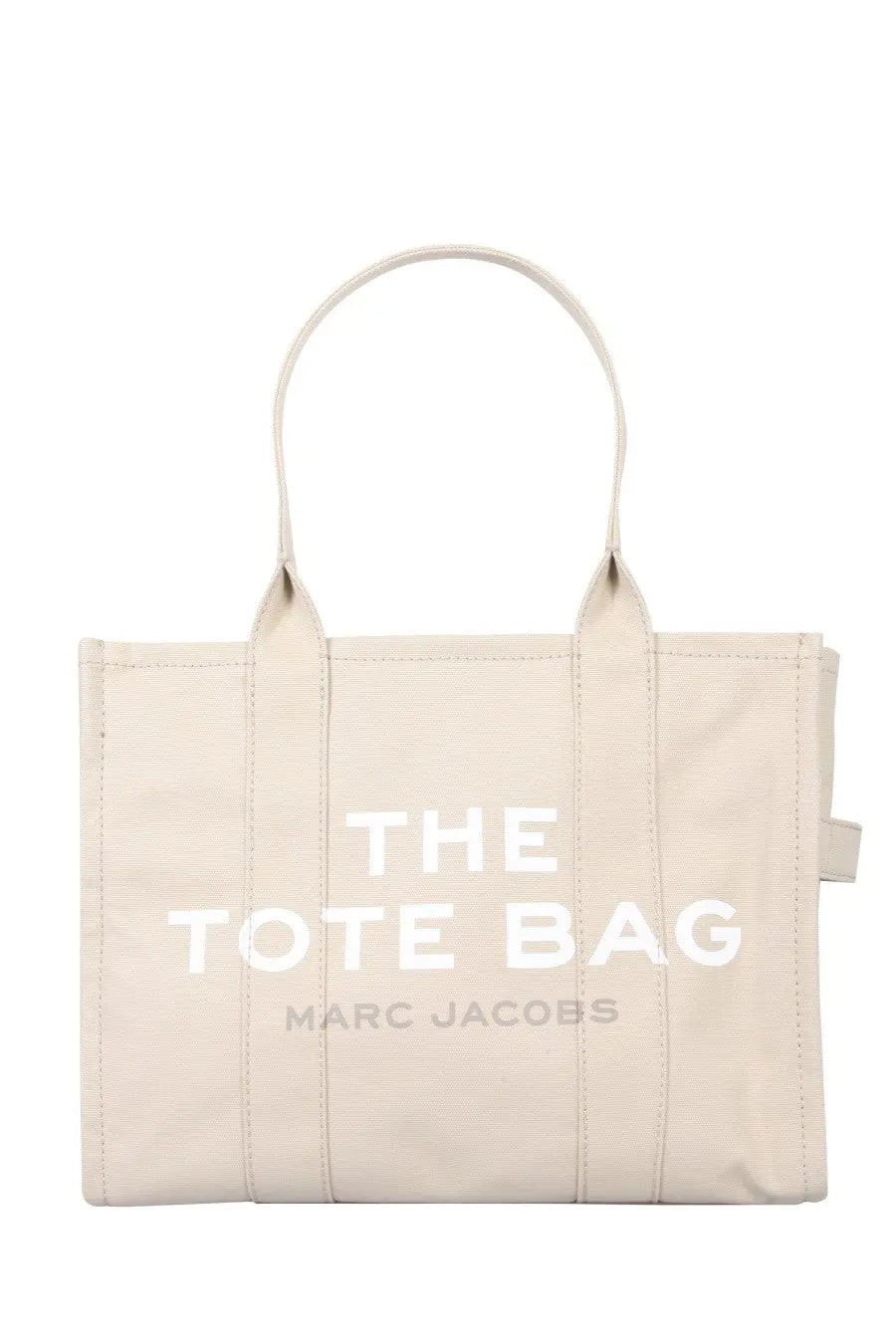 Beige canvas Marc Jacobs women’s borsa the tote large bag with white lettering and smaller gray branding below