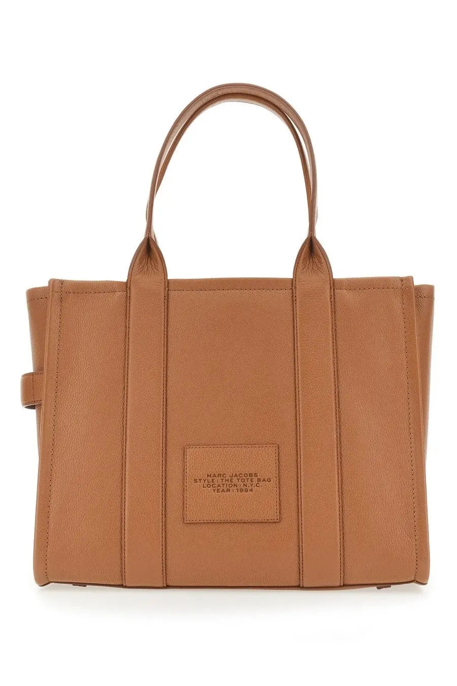 Tan leather marc jacobs tote bag with structured design and top handles for stylish everyday use