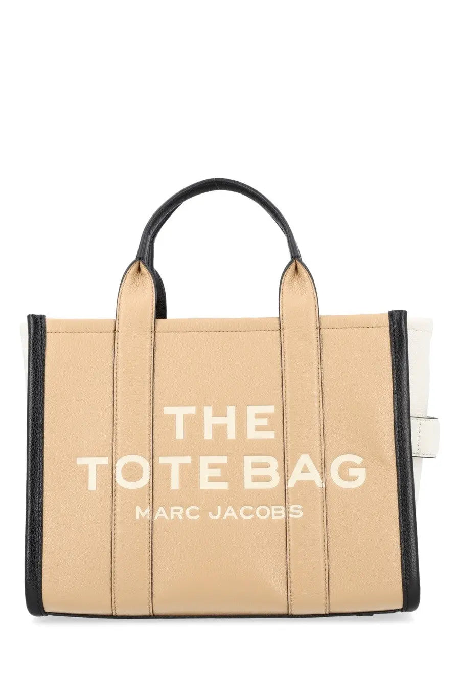 Marc Jacobs women’s borsa tote medium beige canvas bag with black leather trim and white embossed logo lettering