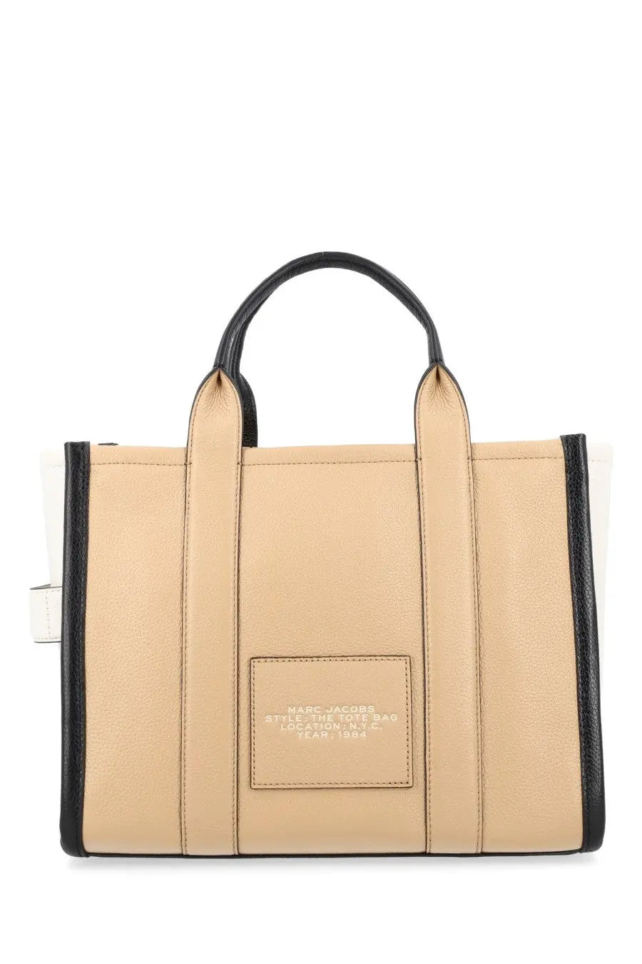 Marc Jacobs women’s borsa tote medium beige leather bag with black trim handles and gold embossed label on front