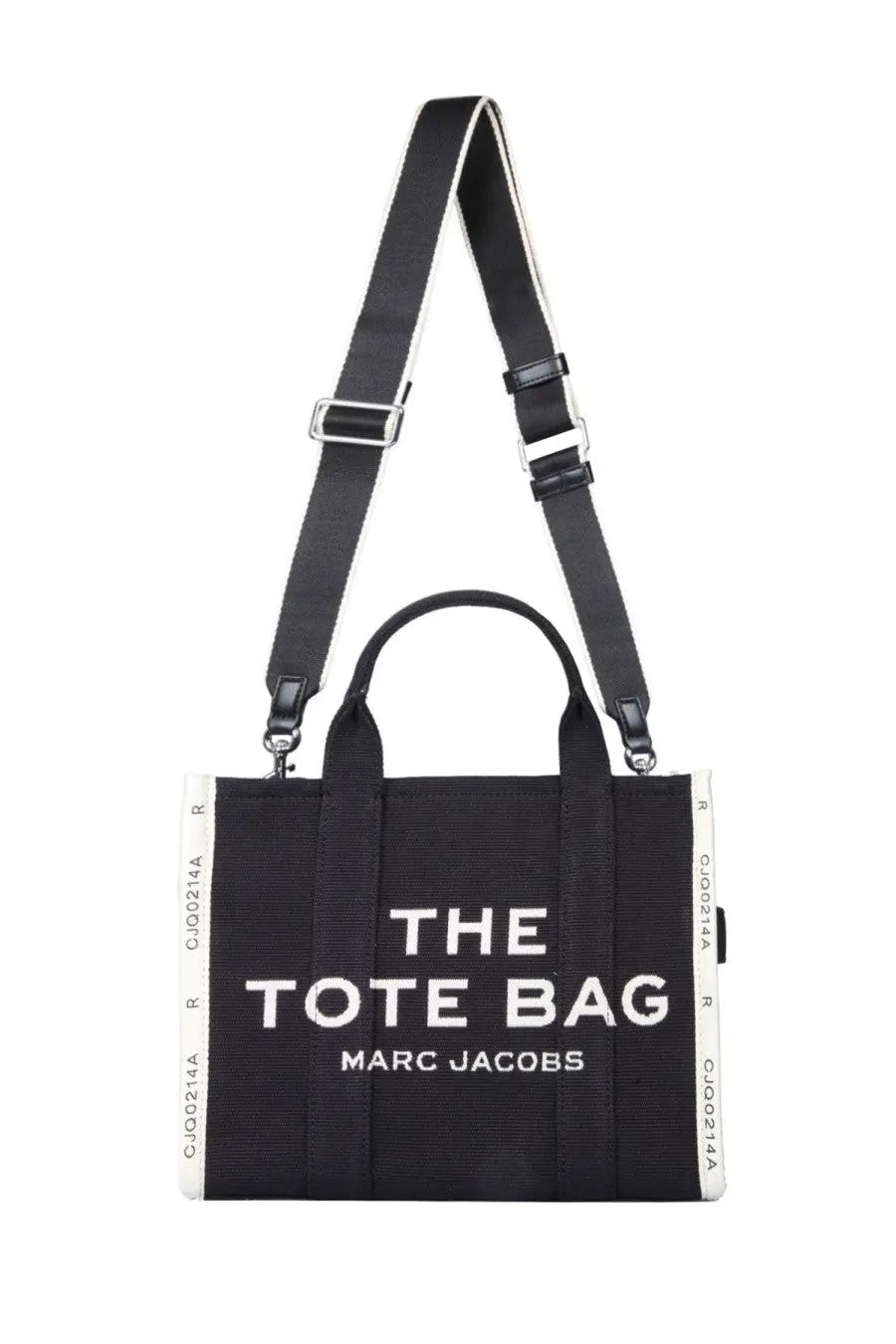 Marc Jacobs women’s borsa the tote medium black canvas tote bag with white lettering and striped shoulder strap