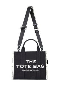 Marc Jacobs women’s borsa the tote medium black canvas tote bag with white lettering and striped shoulder strap