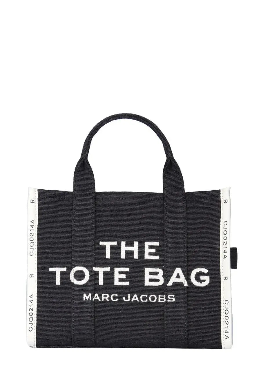 Black canvas tote bag with white embroidered the tote bag marc jacobs logo and side stripes with repeating text